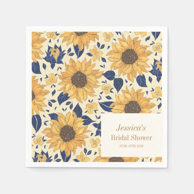 Serviette En Papier Sunflower Bleu jaune Fête des mariées Nom personna (Devant)