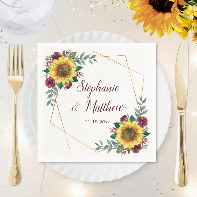 Serviette En Papier Sunflower Bourgogne Floral Mariage géométrique (Créateur téléchargé)