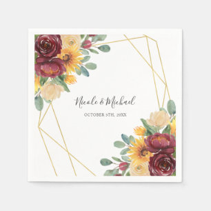Serviette En Papier Sunflower Bourgogne Floral Or Mariage géométrique