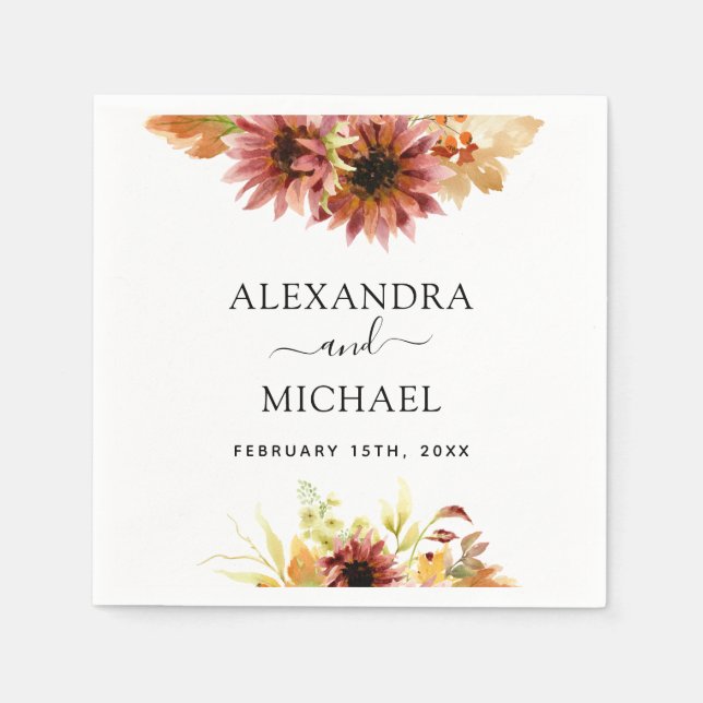 Serviette En Papier Sunflower Bourgogne Pays Aquarelle Mariage (Devant)