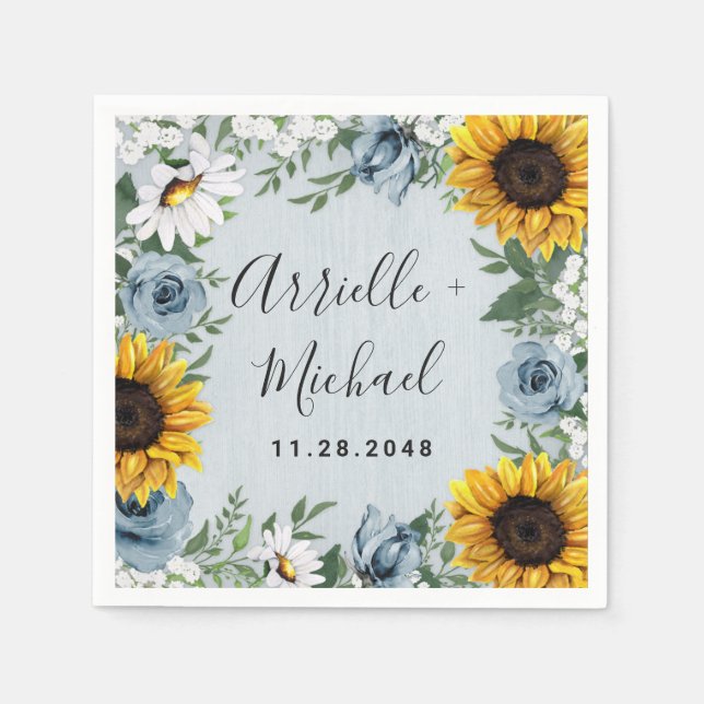 Serviette En Papier Sunflower Dusty Blue Country Rustic Roses Wedding (Devant)