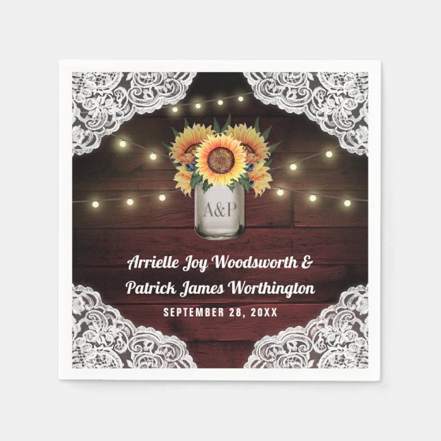 Serviette En Papier Sunflower Mason Jar Mariage dentelle en bois (Devant)