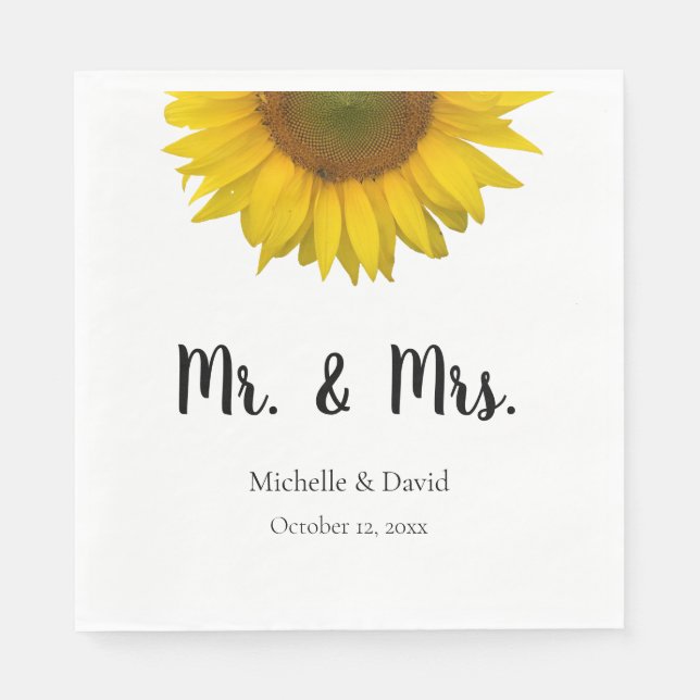 Serviette En Papier Sunflower Mr & Mrs Mariage Élégante Typographie (Devant)
