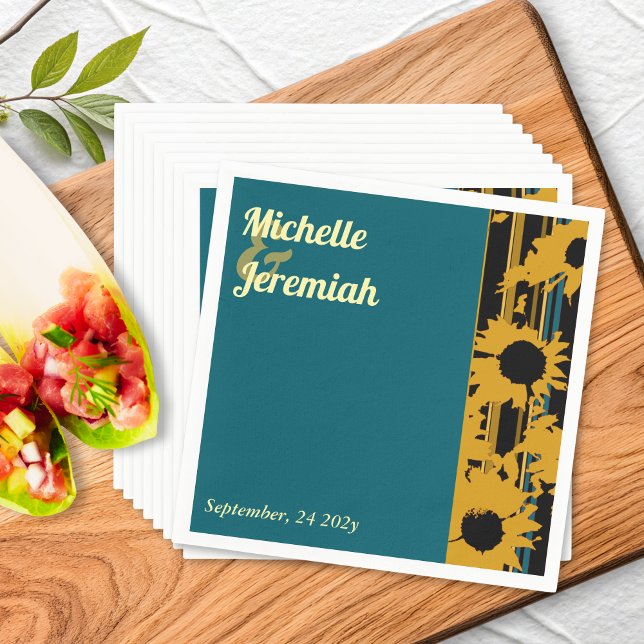 Serviette En Papier Sunflower Teal Blue Gold Modern Wedding Cocktail (Créateur téléchargé)