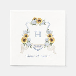 Serviette En Papier Sunflowers Blue Hydrangea Crest Mariage Monogramme
