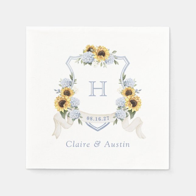 Serviette En Papier Sunflowers Blue Hydrangea Crest Mariage Monogramme (Devant)