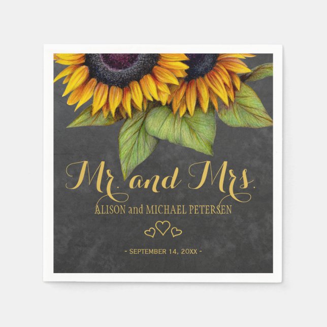 Serviette En Papier Sunflowers chalkboard mr et mrs script mariage (Devant)
