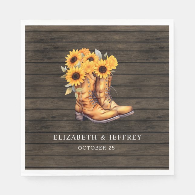 Serviette En Papier Sunflowers Cowboy Boots Barre Bois Mariage de l'Ou (Devant)
