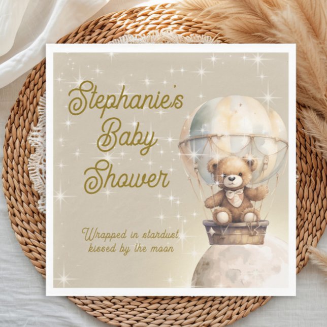 Serviette En Papier Sur Lune Teddy Bear Baby shower neutre de genre (Over the moon teddy bear hot air balloon baby shower paper napkin)
