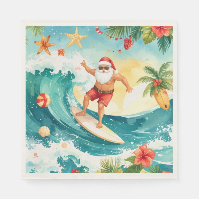 Serviette En Papier Surfing Christmas in Hawaii with Santa Claus  (Devant)