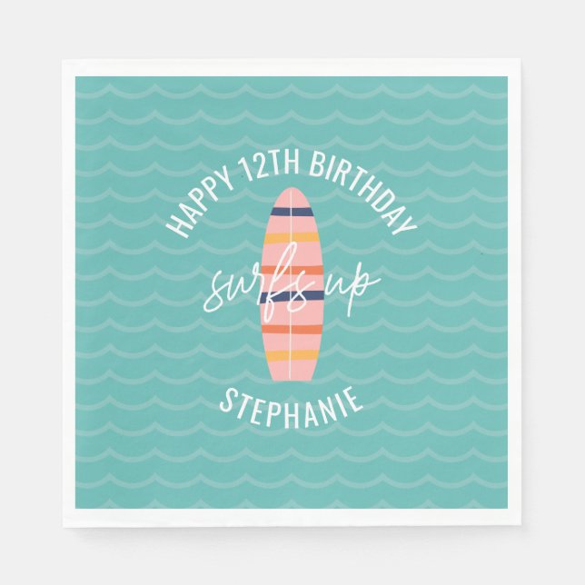 Serviette En Papier Surfs Up Pink surboard Anniversaire (Devant)