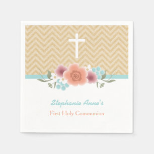 Serviette En Papier Swag floral communion en or et Aqua