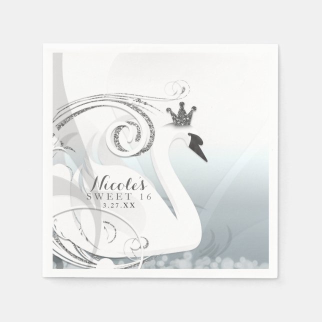Serviette En Papier Swan Princess Silver & White Élégante fête personn (Devant)