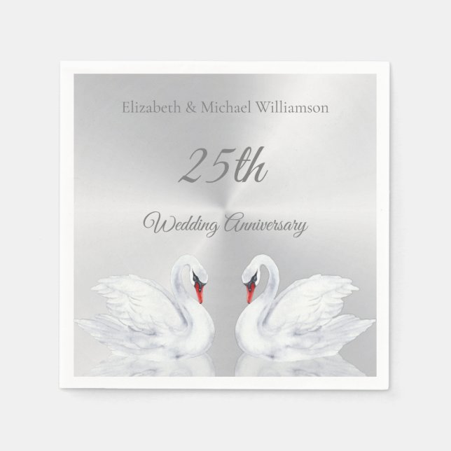 Serviette En Papier Swans Silver coutume 25e anniversaire Mariage (Devant)