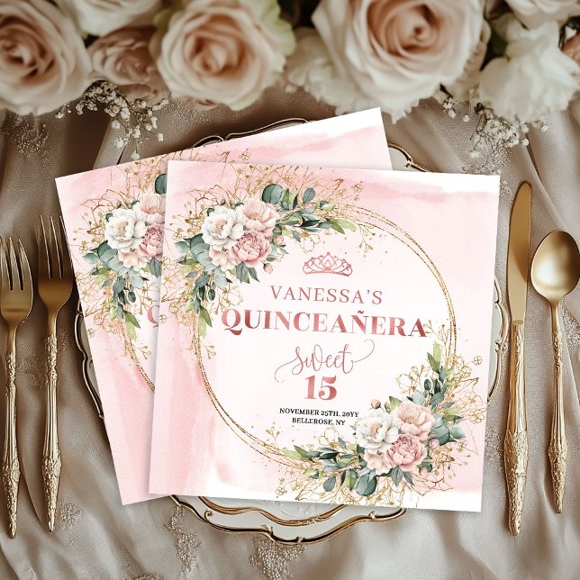 Serviette En Papier Sweet 15 Napkins Featuring Dusty Pink Floral  (Sweet 15 Napkins Featuring Dusty Pink Floral Design)