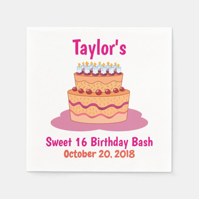 Serviette En Papier Sweet 16 Anniversaire Pink avec gâteau (Devant)