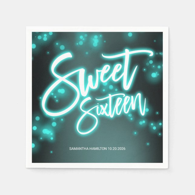 Serviette En Papier Sweet 16 Anniversaire Turquoise Neon Glow Dark Par (Devant)