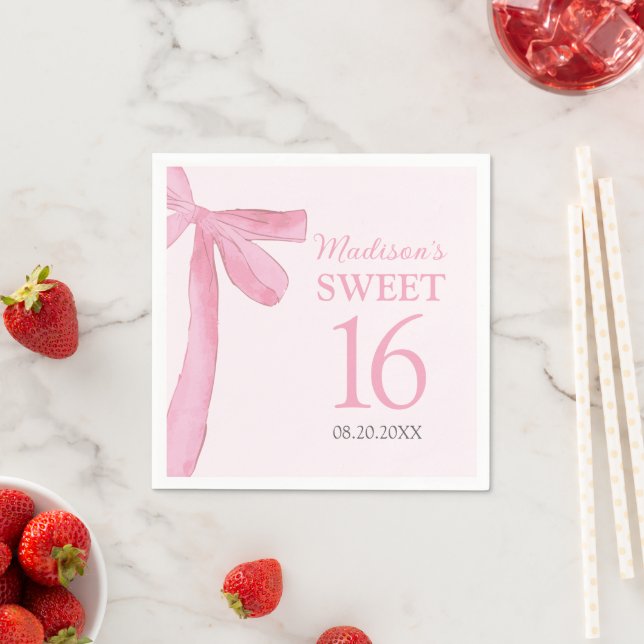 Serviette En Papier Sweet 16 Birthday Coquette Pink Bow Personalized  (En situation)