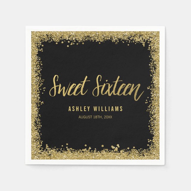 Serviette En Papier Sweet 16 Black Gold Parties scintillant Anniversai (Devant)