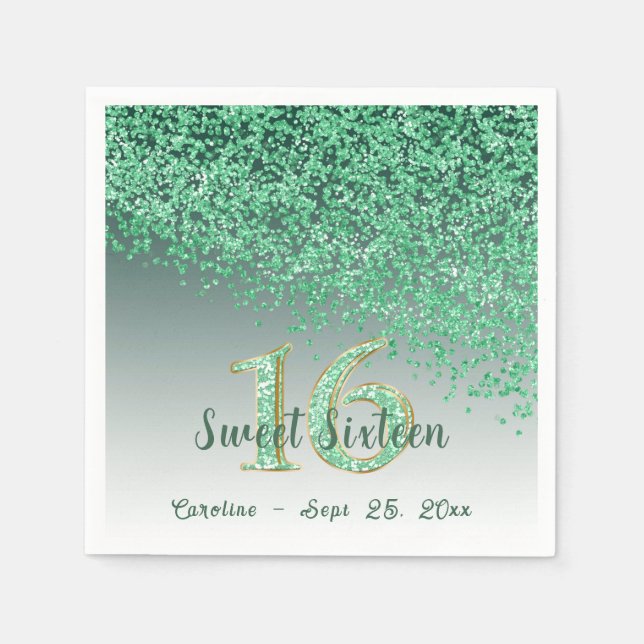 Serviette En Papier Sweet 16 Chute Parties scintillant verte et Monogr (Devant)
