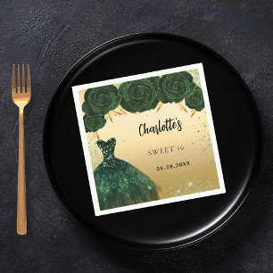 Serviette En Papier Sweet 16 couleur vert émeraude fleurs or fête