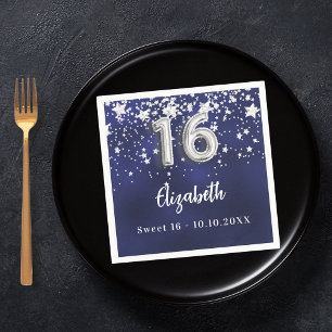 Serviette En Papier Sweet 16 étoiles bleu marine en argent