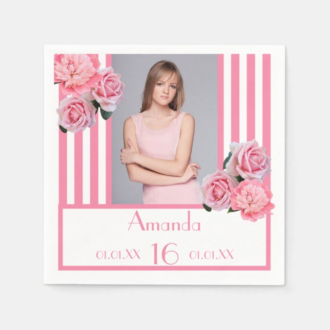 Serviette En Papier Sweet 16 fleurs blanches roses nom photo (Devant)