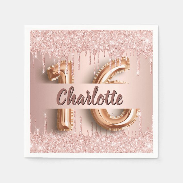 Serviette En Papier Sweet 16 gouttes d'or rose (Devant)