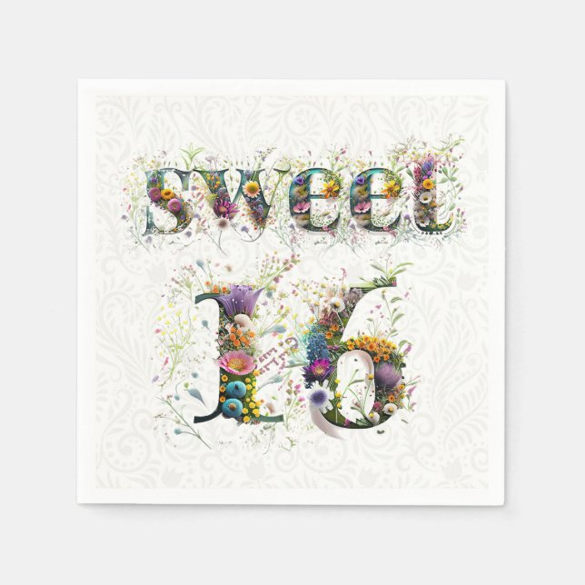 Serviette En Papier Sweet 16 Joyeux Anniversaire Fleur sauvage Texte (Devant)
