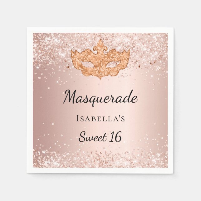 Serviette En Papier Sweet 16 mascarade rose masque or (Devant)