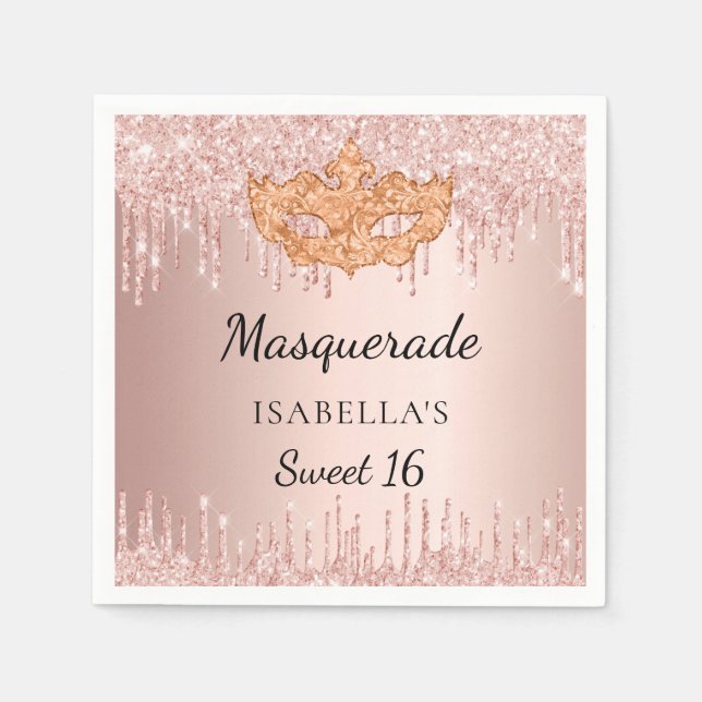 Serviette En Papier Sweet 16 masquerade rose parties scintillant or  g (Devant)