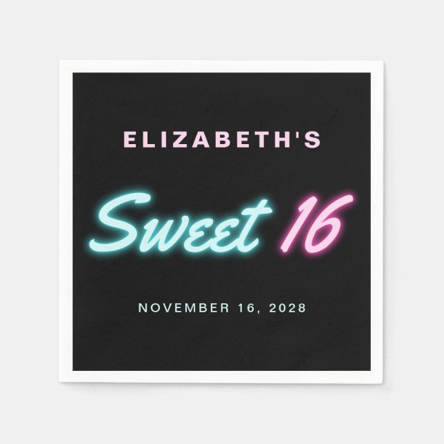 Serviette En Papier Sweet 16 Neon Lights Black Birthday Party (Devant)