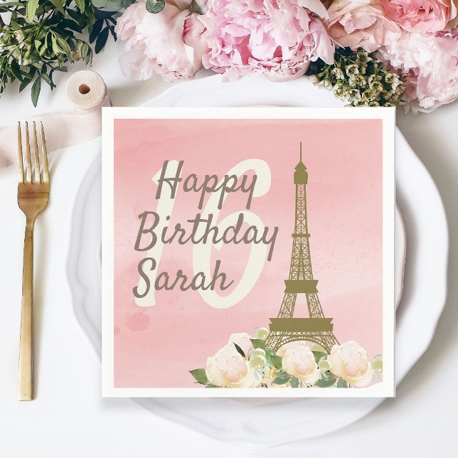 Serviette En Papier Sweet 16 Or rose Tour Eiffel Anniversaire (Paris/Eiffel Tower Sweet 16 paper napkins)