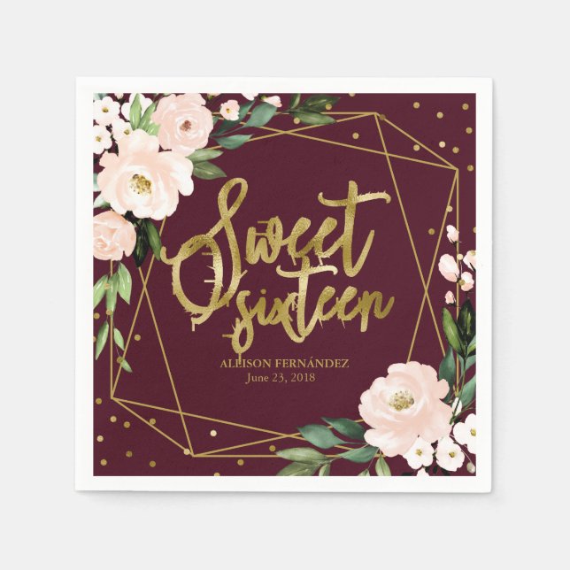 Serviette En Papier Sweet 16 Party Gold Foil Blush Floral Bourgogne (Devant)