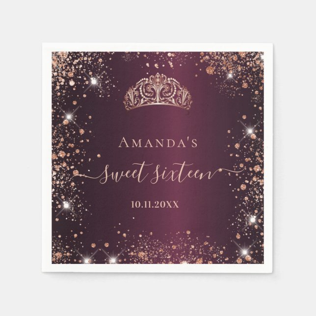 Serviette En Papier Sweet 16 rose bordeaux or tiara nom (Devant)