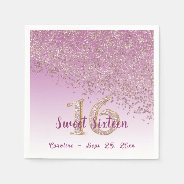 Serviette En Papier Sweet 16 Rose en chute Parties scintillant or et M (Devant)