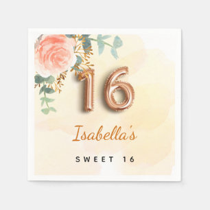 Serviette En Papier Sweet 16 rose fleuri or eucalyptus monogramme