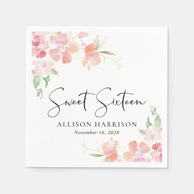 Serviette En Papier Sweet 16 Rose Floral fête d'anniversaire (Devant)