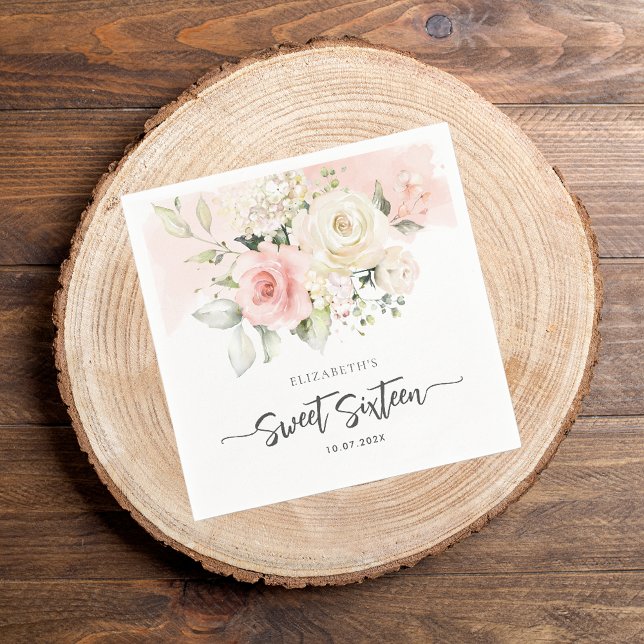 Serviette En Papier Sweet 16 rose floral papier fête d'anniversaire (Pink Floral Sweet 16 Birthday Paper Napkin)