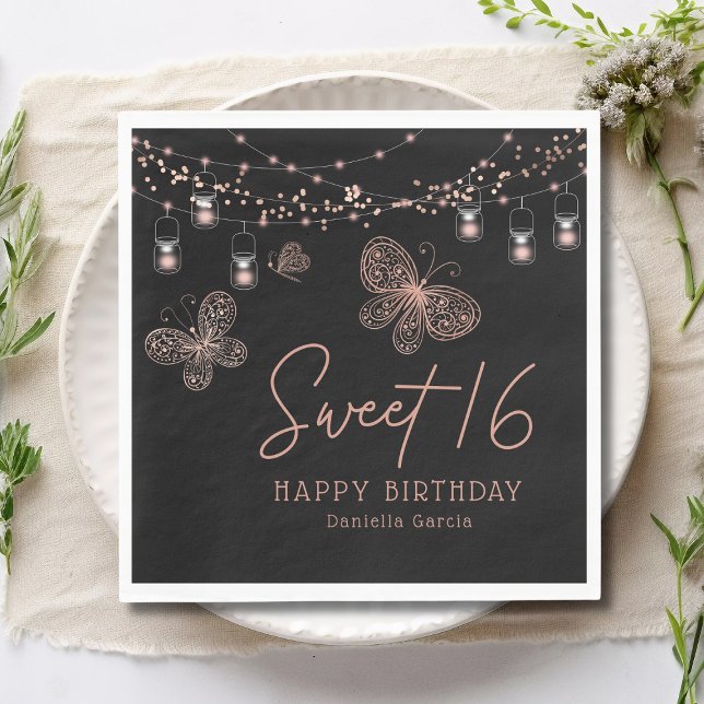 Serviette En Papier Sweet 16 Rose Gold Butterfly Chic Moderne Annivers (Créateur téléchargé)