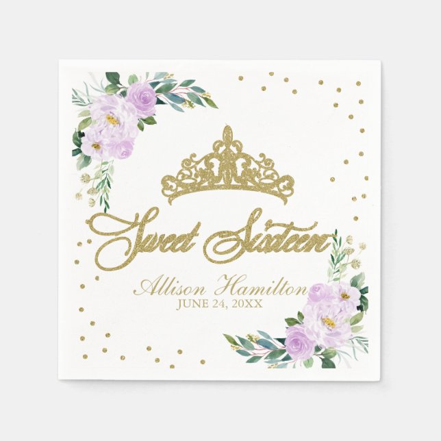 Serviette En Papier Sweet 16 serviettes Or Tiara Lavender Floral (Devant)
