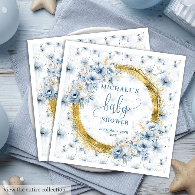 Serviette En Papier Sweet bleu pâle fleurs or garçon baby shower (Sweet dusty blue flowers gold boy baby shower Paper Dinner Napkins)