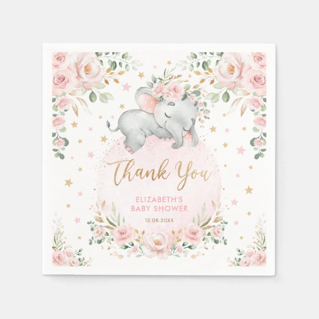 Serviette En Papier Sweet Blush Gold Roses Elephant Baby shower Faveur (Devant)