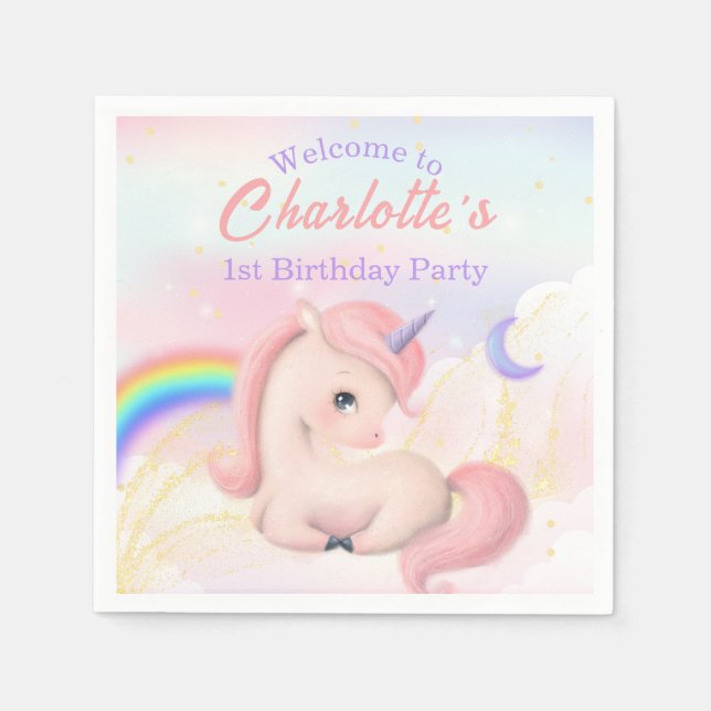 Serviette En Papier Sweet Elegant Cute Rose Aquarelle Unicorn fête (Devant)