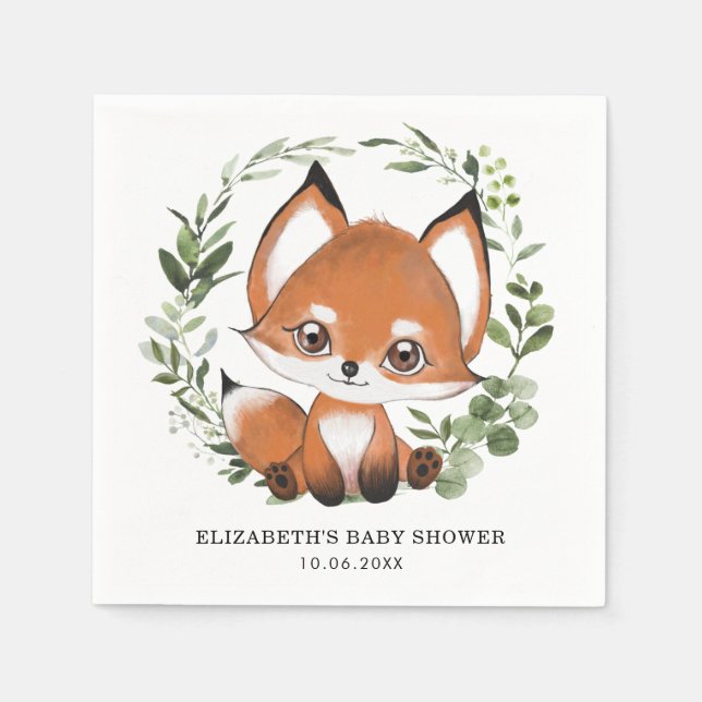Serviette En Papier Sweet Fox Botanical Greenery Forêt Bébé Anniversai (Devant)