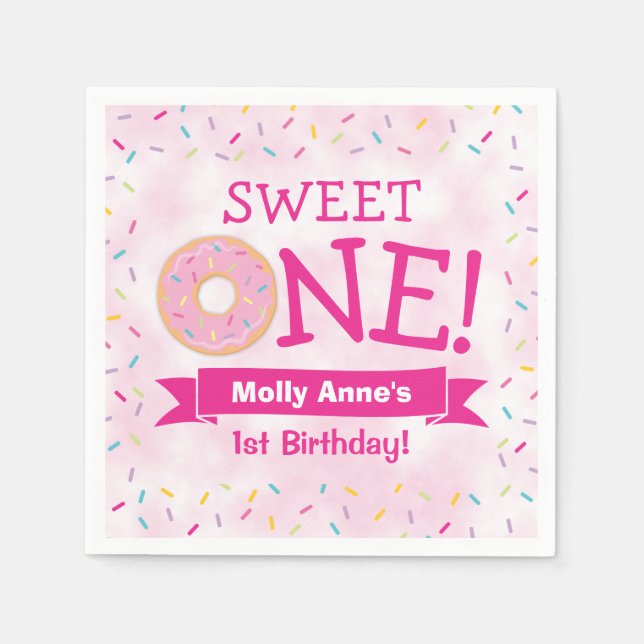 Serviette En Papier Sweet ONE Donut 1er anniversaire fille rose (Devant)