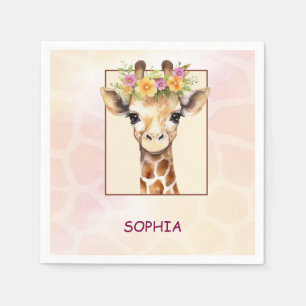 Serviette En Papier Sweet Safari Baby Giraffe en rose et jaune