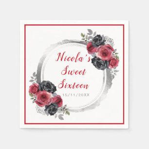 Serviette En Papier Sweet sixteen à fleurs élégantes rouge et argent