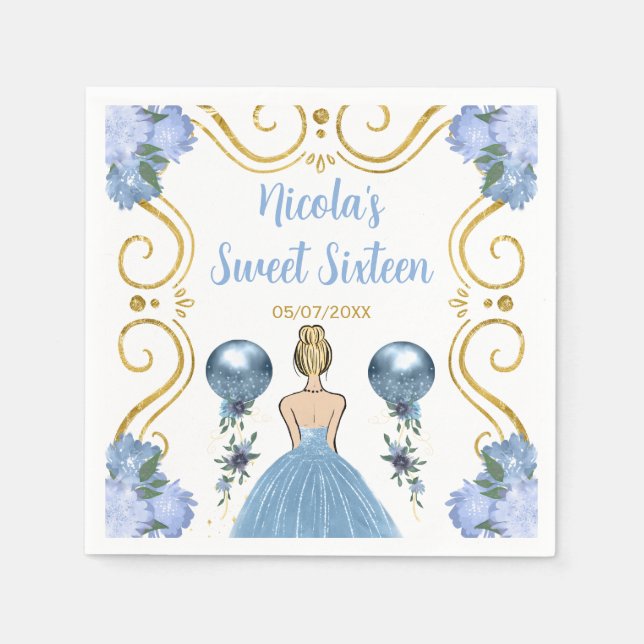 Serviette En Papier Sweet sixteen Blonde Princesse en Dusty Blue (Devant)