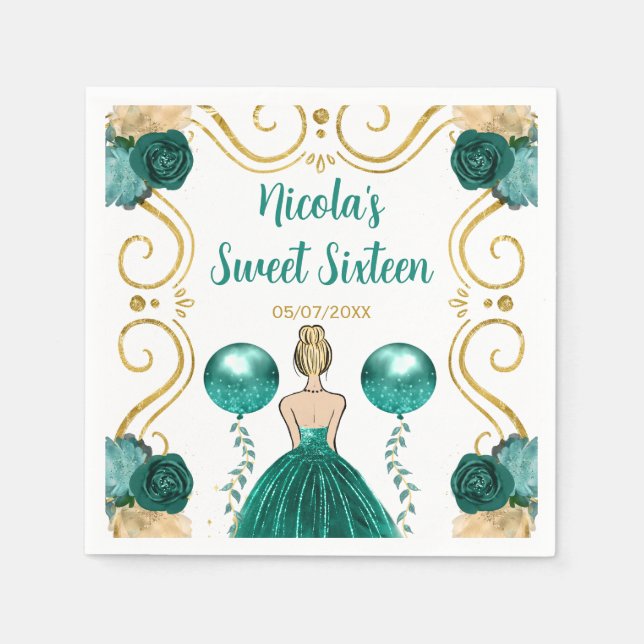 Serviette En Papier Sweet sixteen Blonde Princesse en Turquoise (Devant)